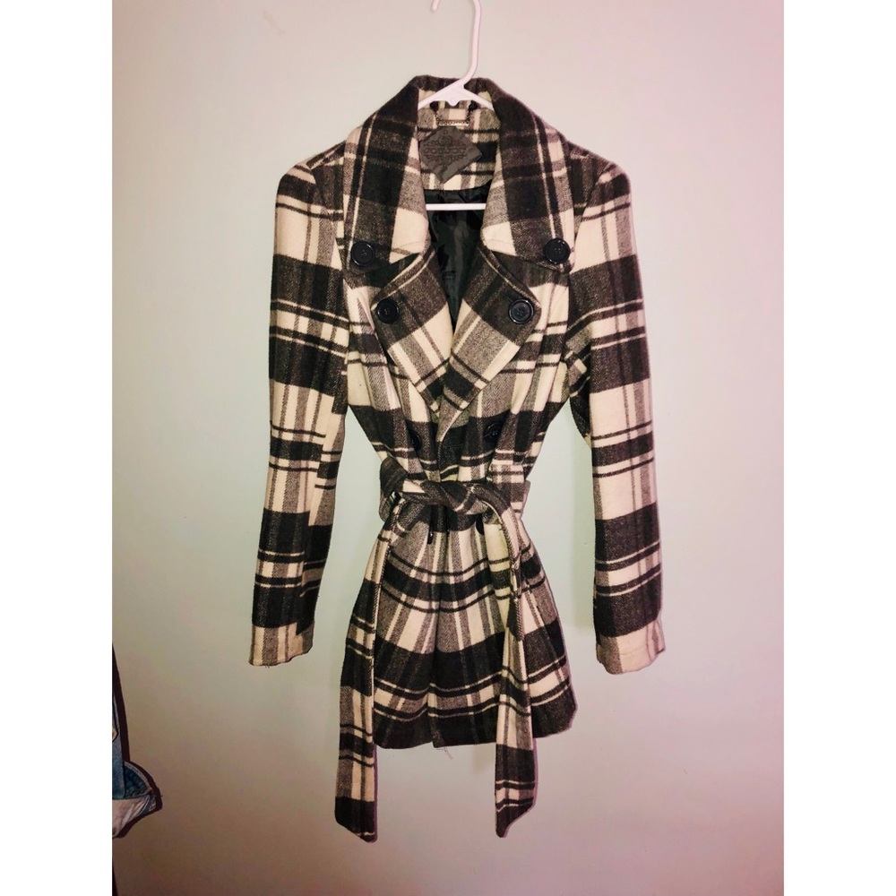 WHITE & GREY PLAID PEA COAT GENTLY WORN
